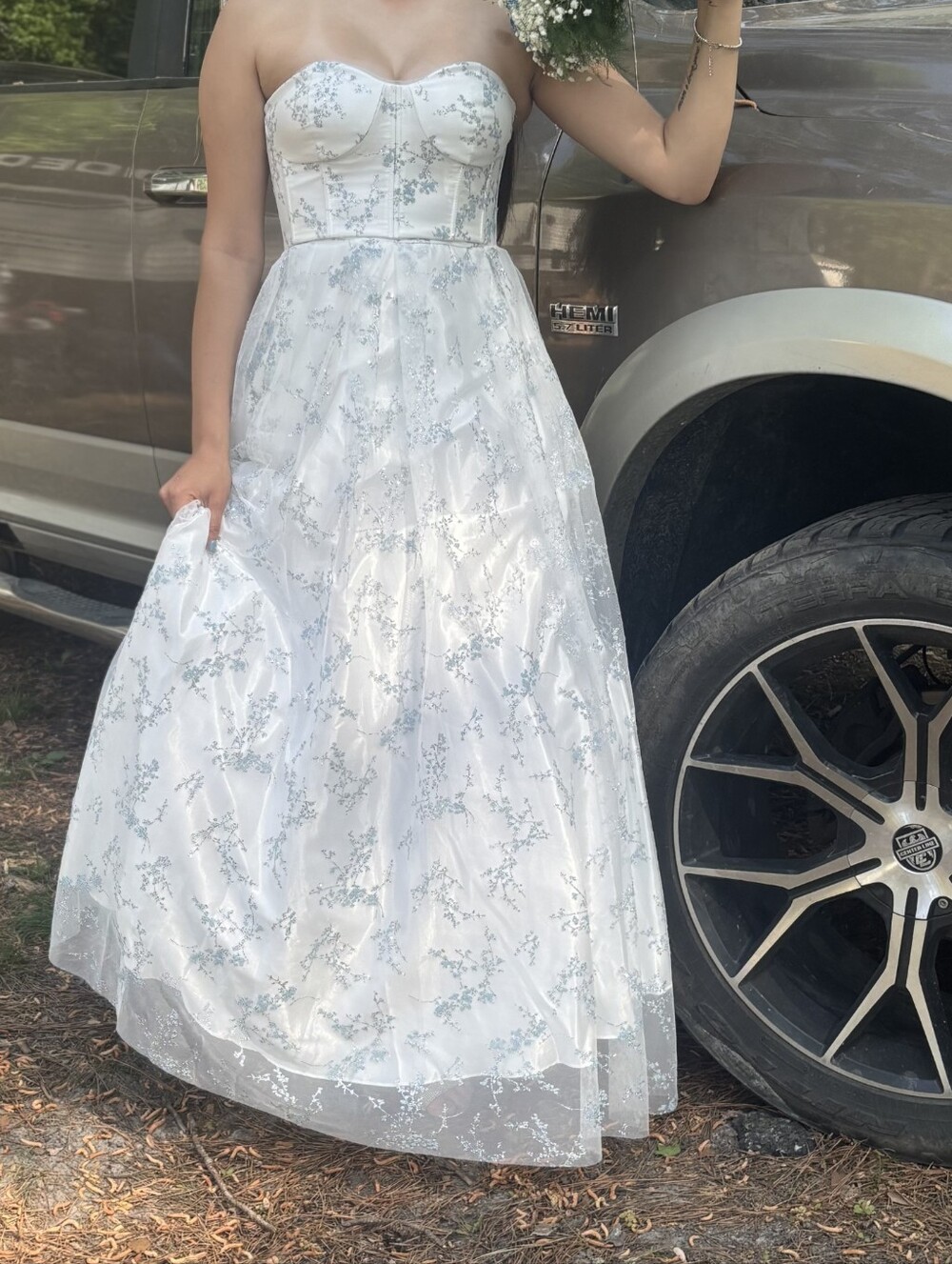 White Strapless Floral Prom Gown